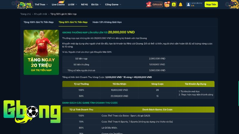 Gói Thưởng 50% – Nhận Tối Đa 20.000.000 VND